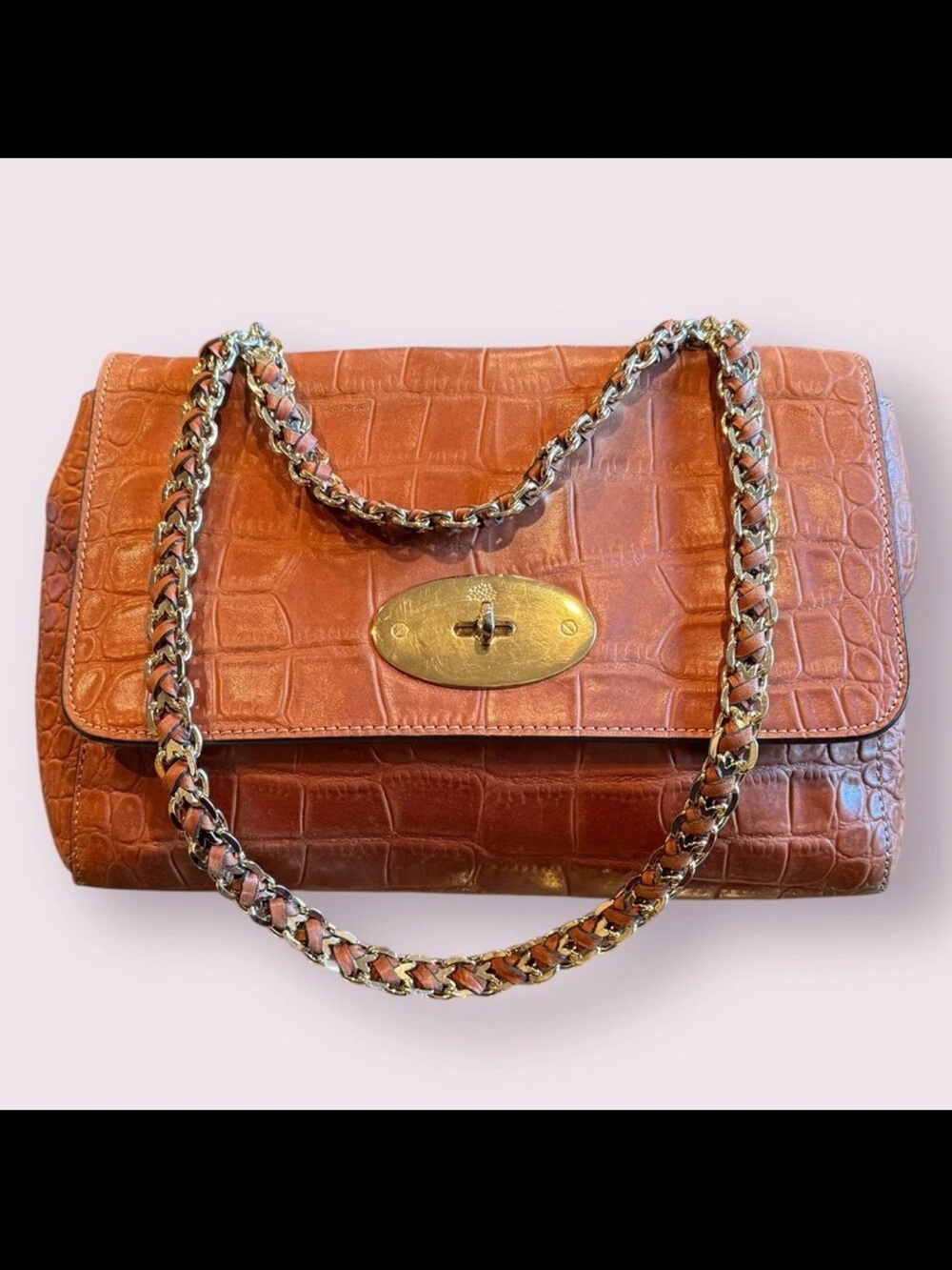 Mulberry Croc-Embossed Leather Shoulder Bag in Chestnut Brown with Gold Hardware